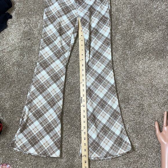 Topshop Petite high waisted bengaline flared pants tan check Stretch US SZ sm - Picture 5 of 11